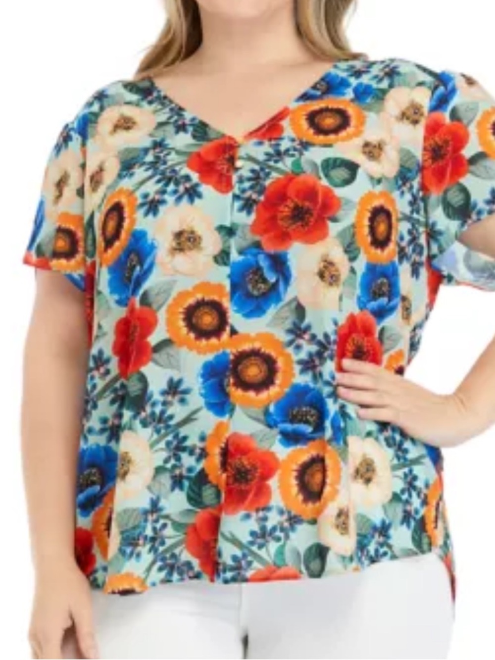 Premise Aqua Floral V-Neck Blouse with Multicolor Blooms